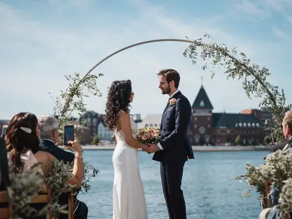 Vielse under blomsterbuen ved havnen